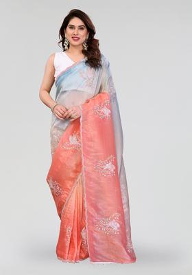 Rama Peach Embroidered Silk Saree Set