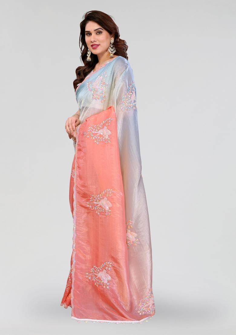 Rama Peach Embroidered Silk Saree Set - Indya