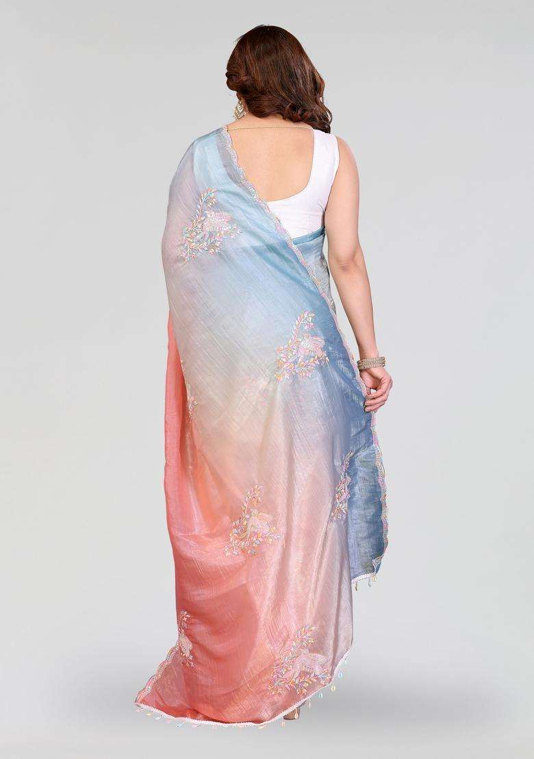 Rama Peach Embroidered Silk Saree Set for Diwali and Festive Wear - Indya