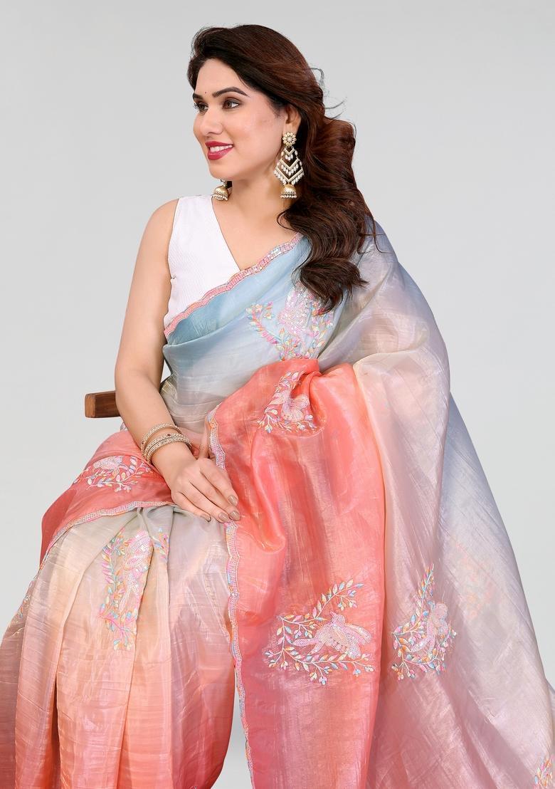 Rama Peach Embroidered Silk Saree Set - Indya