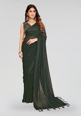 Dark Green Plain Silk Saree Set