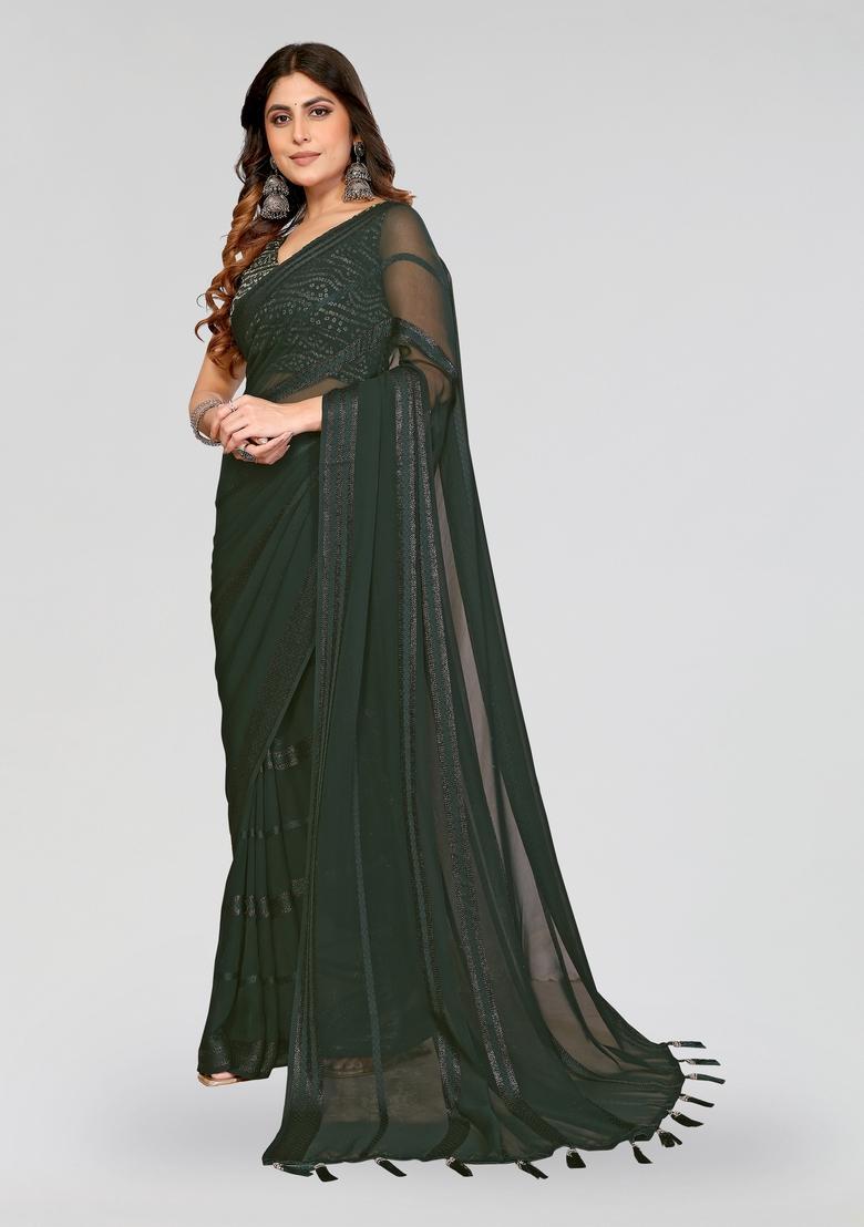 Dark Green Plain Silk Saree Set - Indya