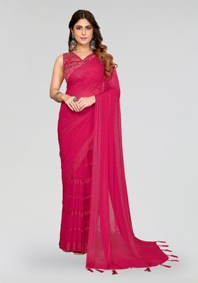 Pink Plain Silk Saree Set