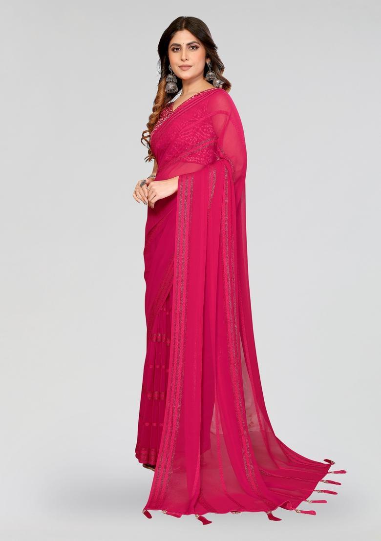 Pink Plain Silk Saree Set - Indya