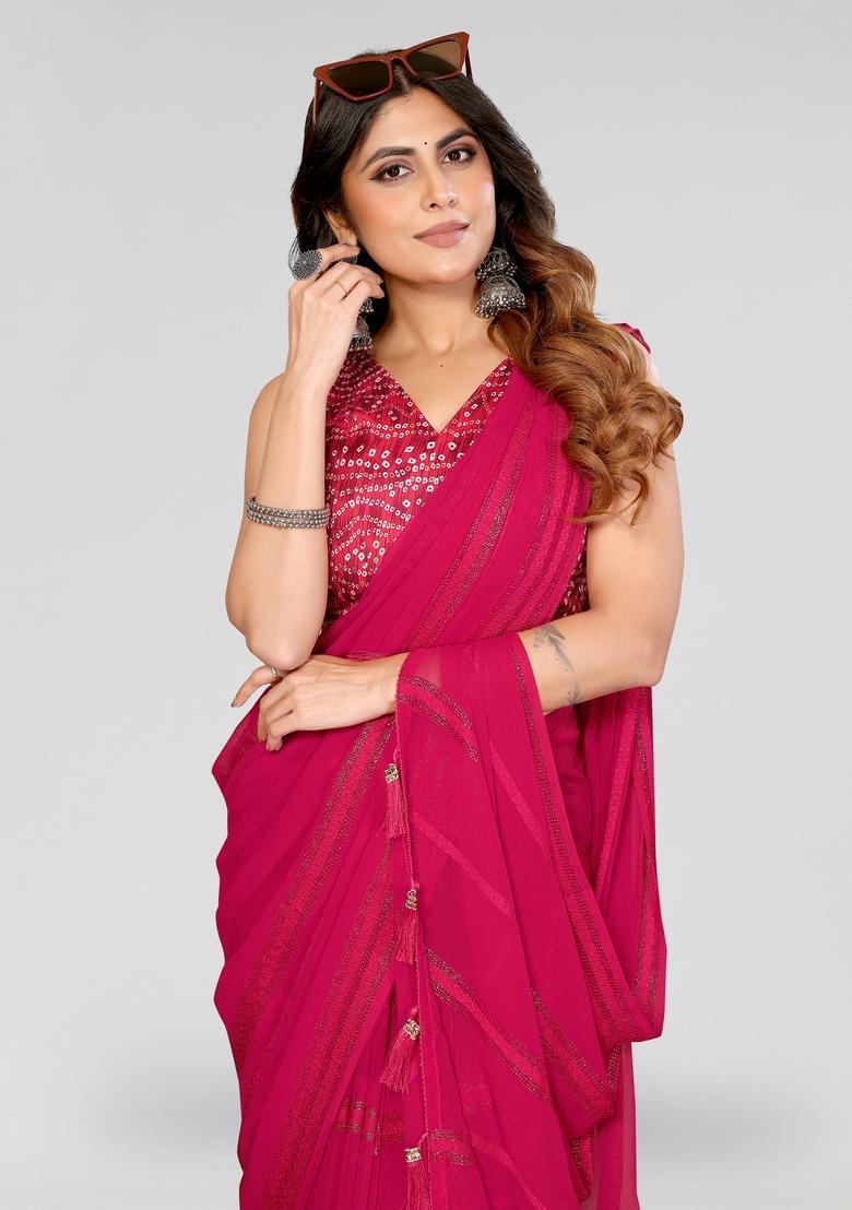 Pink Plain Silk Saree Set - Indya