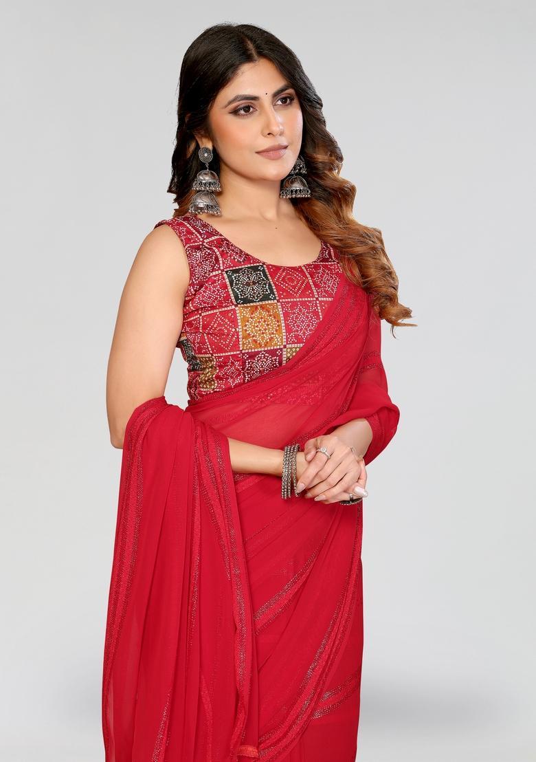 Red Plain Silk Saree Set - Indya