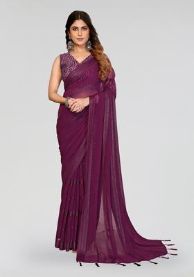 Wine Plain Silk Saree Set