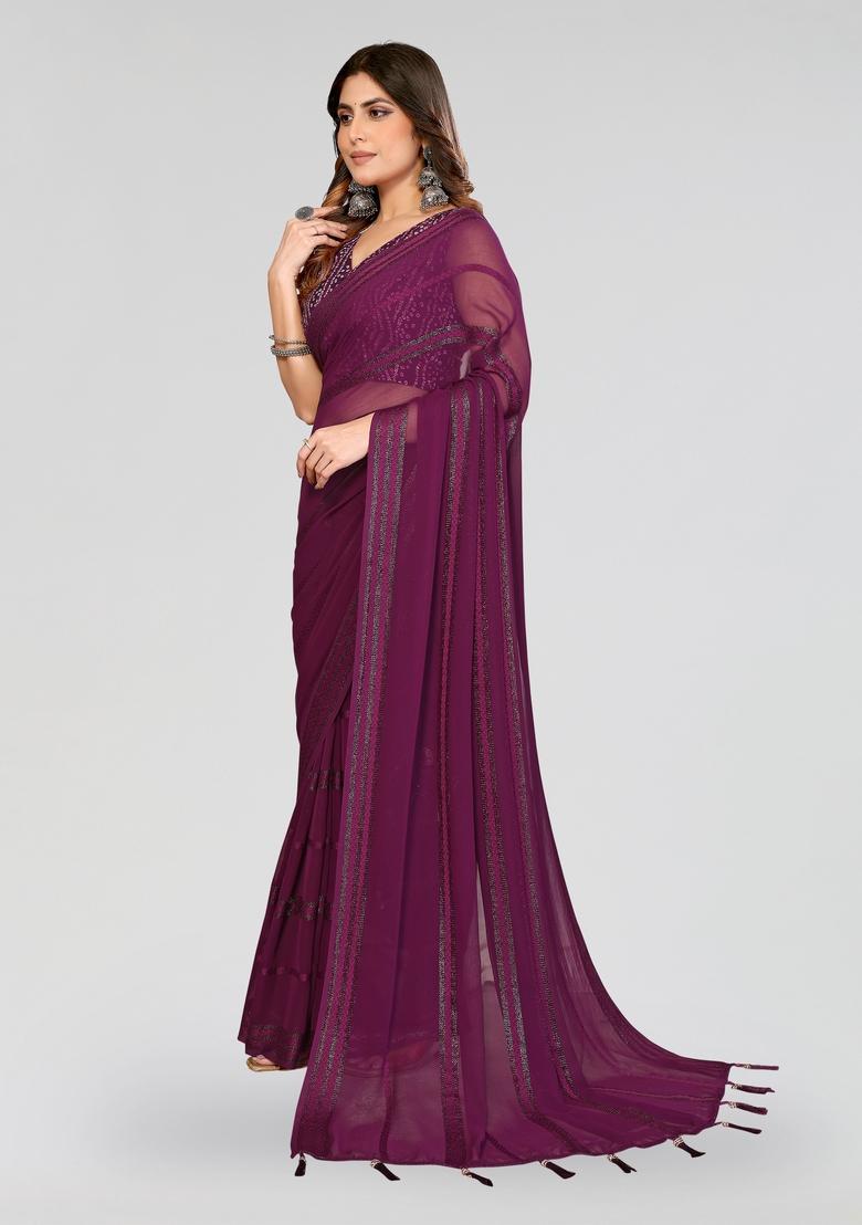 Wine Plain Silk Saree Set - Indya