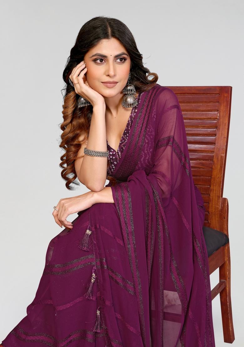 Wine Plain Silk Saree Set - Indya