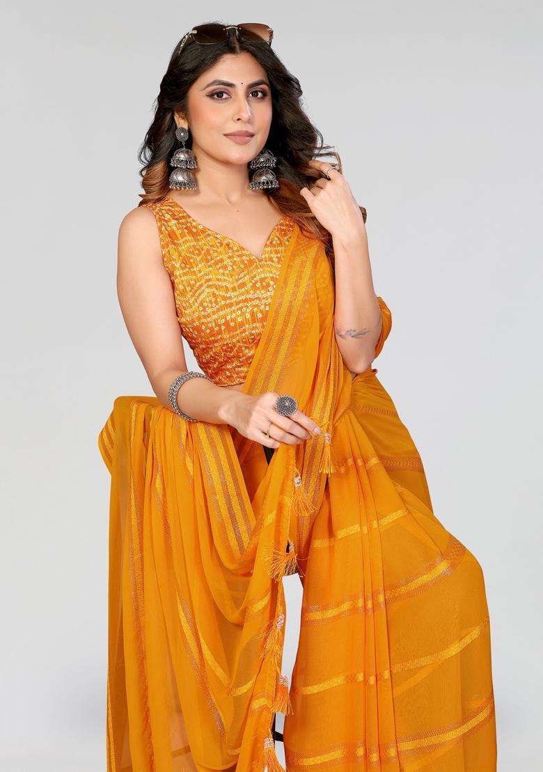 Yellow Plain Silk Saree Set - Indya