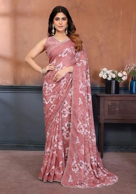 Pink Printed Silk Saree Set
