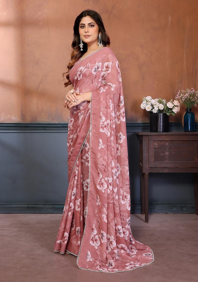 Pink Printed Silk Saree Set - Indya