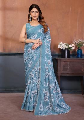 Sky Blue Printed Silk Saree Set