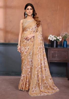 Yellow Printed Silk Saree Set