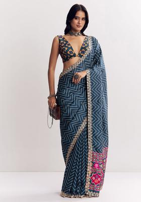 Blue Embroidered Silk Saree Set