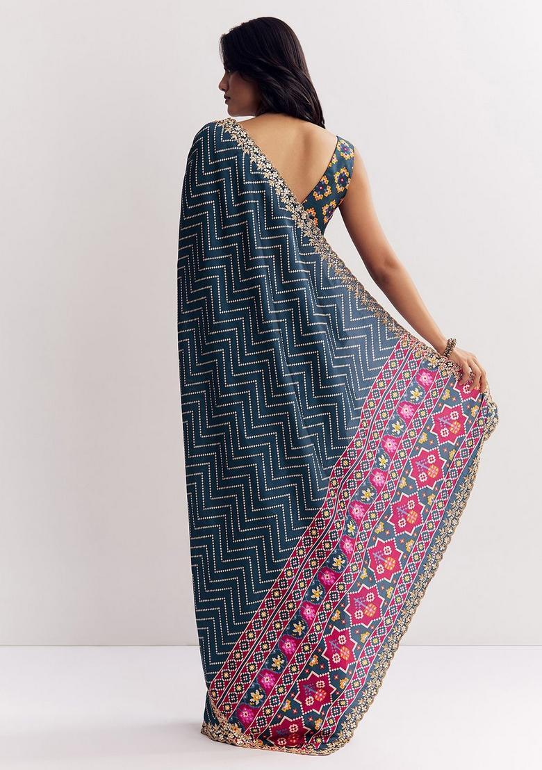 Blue Embroidered Silk Saree Set - Indya