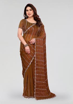 Brown Beads Work Silk Saree Set