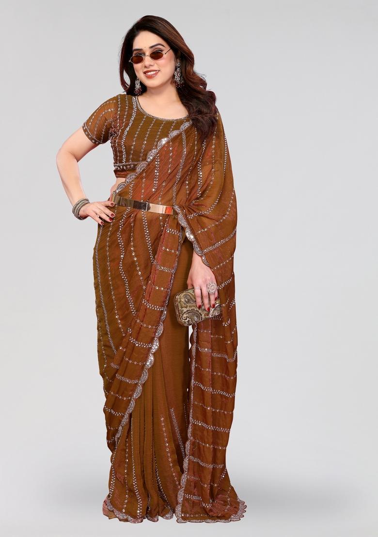 Brown Beads Work Silk Saree Set - Indya