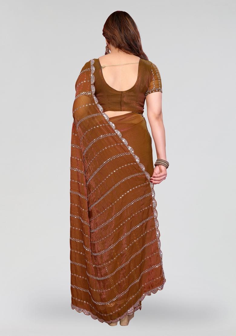 Brown Beads Work Silk Saree Set - Indya