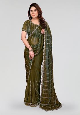 Green Beads Work Silk Saree Set
