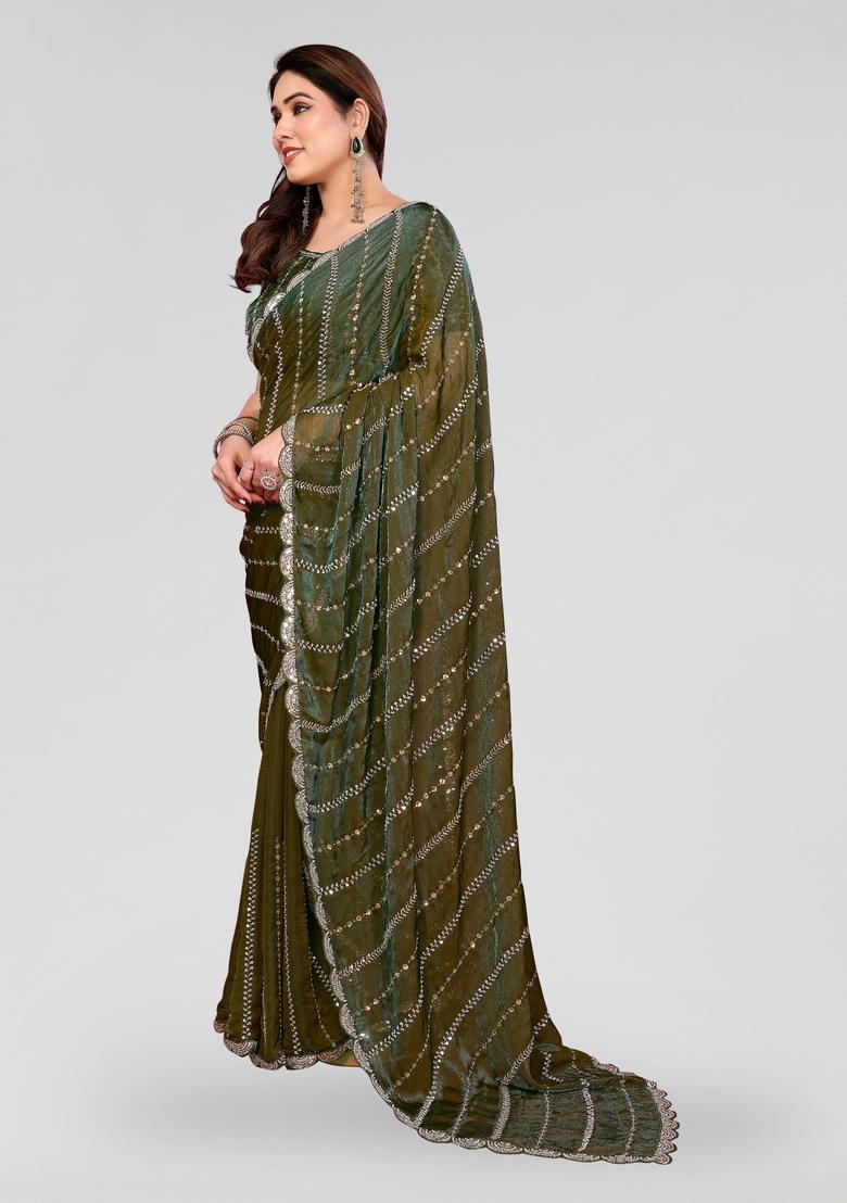 Green Beads Work Silk Saree Set - Indya