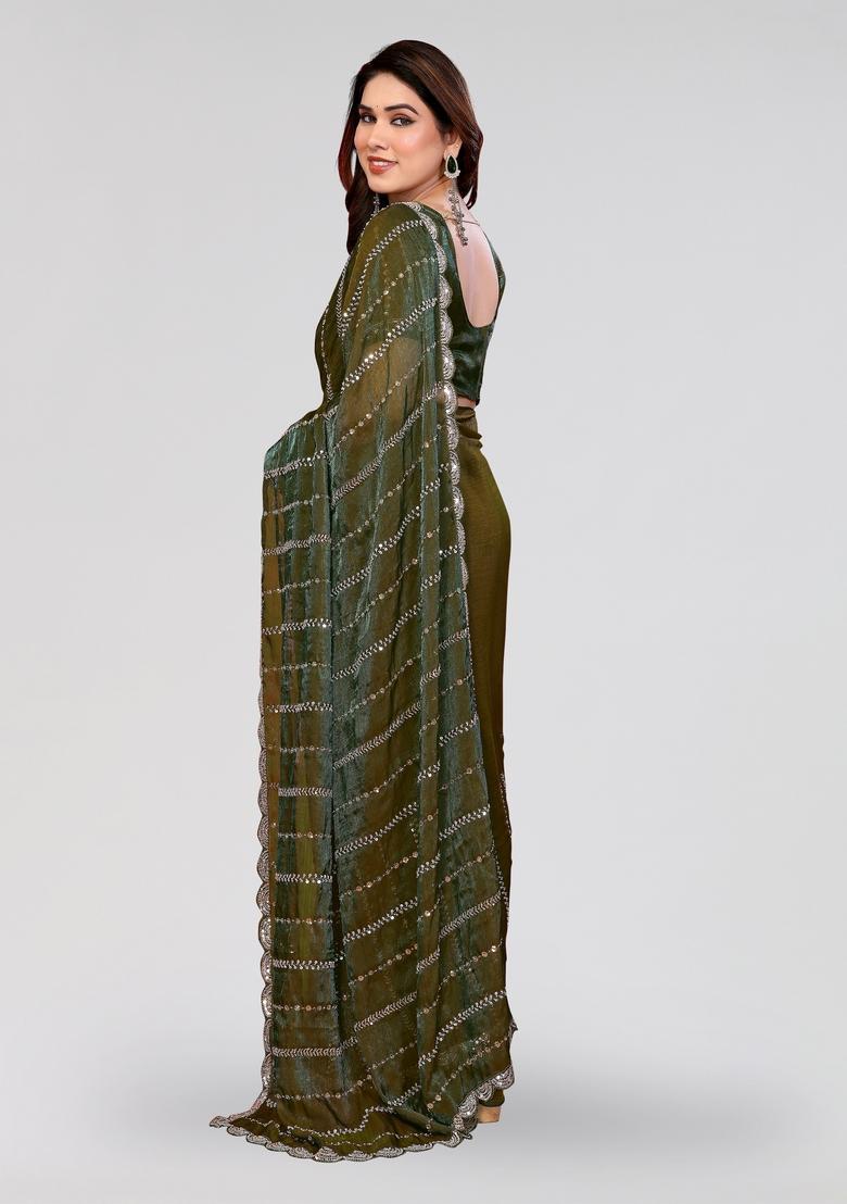 Green Beads Work Silk Saree Set - Indya