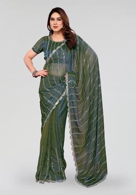 Morpeach Beads Work Silk Saree Set
