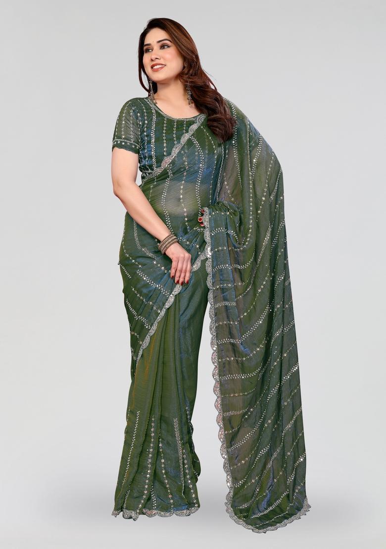 Morpeach Beads Work Silk Saree Set - Indya