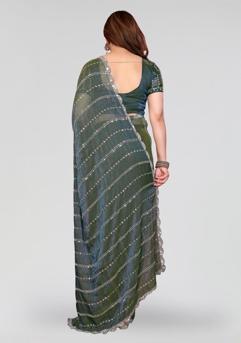 Morpeach Beads Work Silk Saree Set - Indya