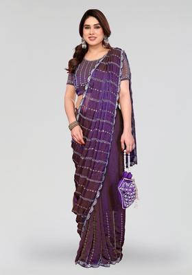 Purple Beads Work Silk Saree Set