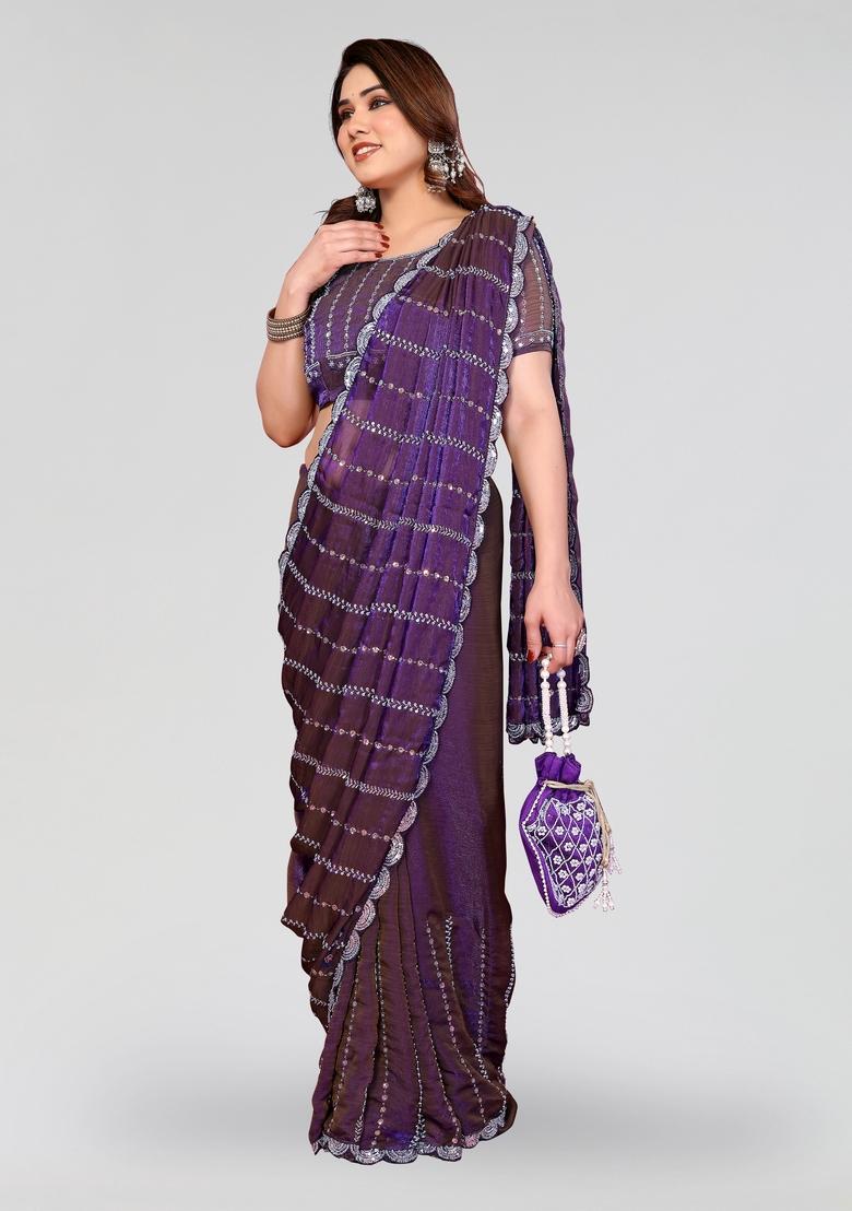 Purple Beads Work Silk Saree Set - Indya