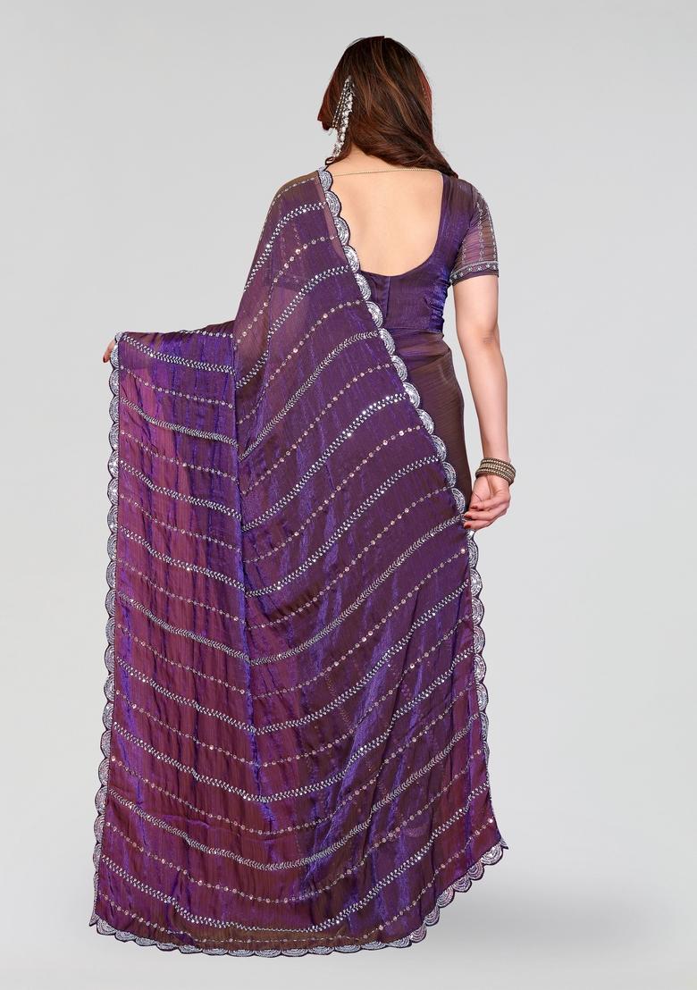 Purple Beads Work Silk Saree Set - Indya