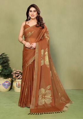 Brown Foil Work Silk Saree Set