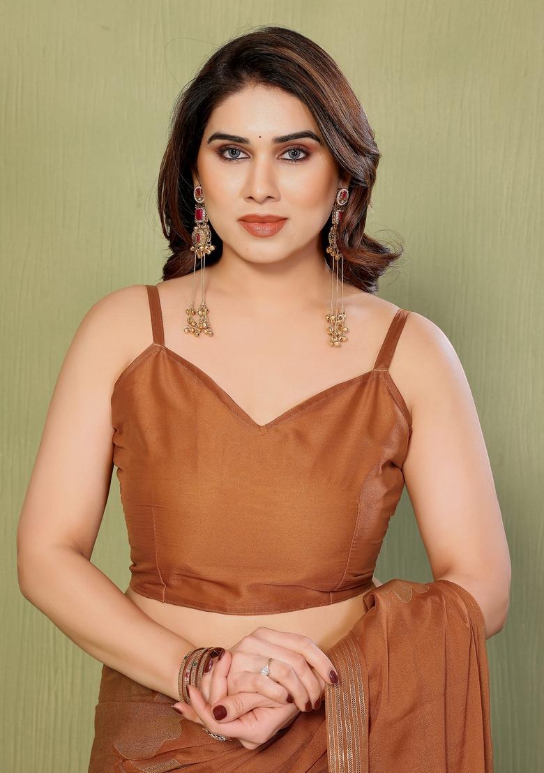 Brown Foil Work Silk Saree Set - Indya