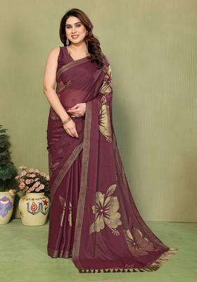 Burgundy Foil Work Silk Saree Set