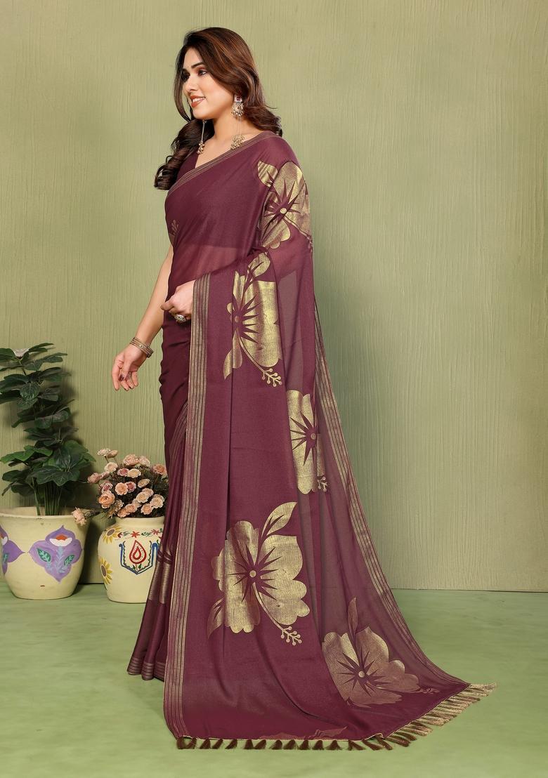 Burgundy Foil Work Silk Saree Set - Indya
