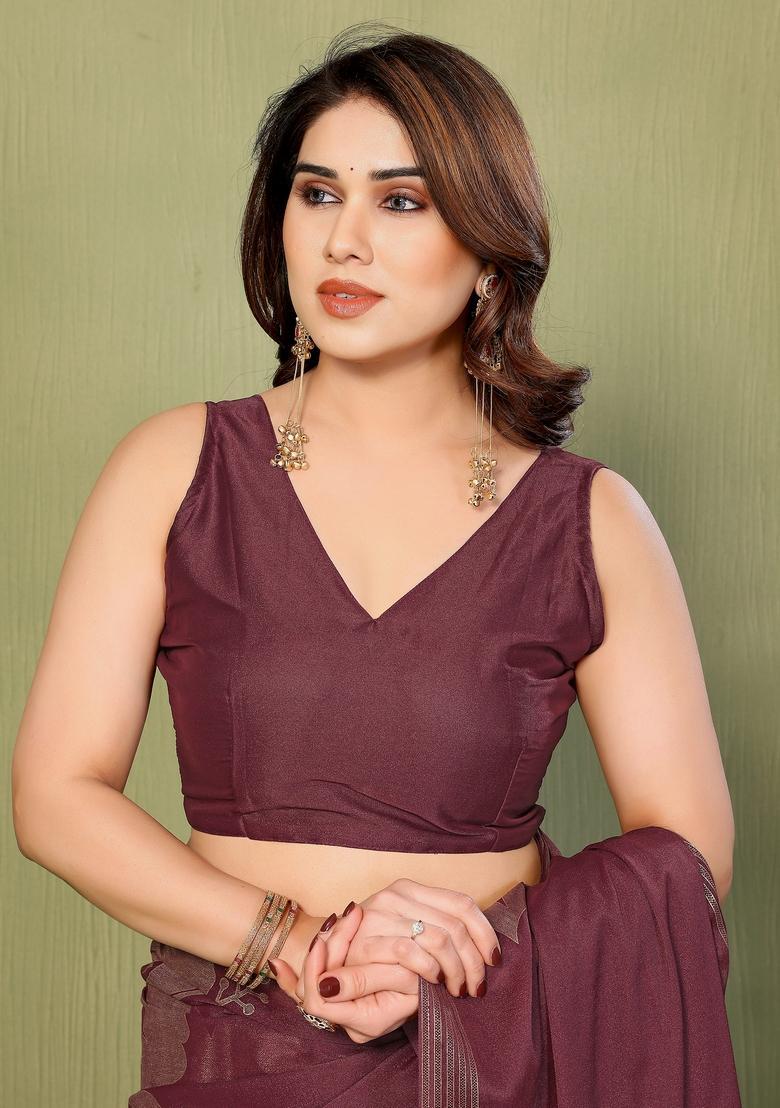 Burgundy Foil Work Silk Saree Set - Indya