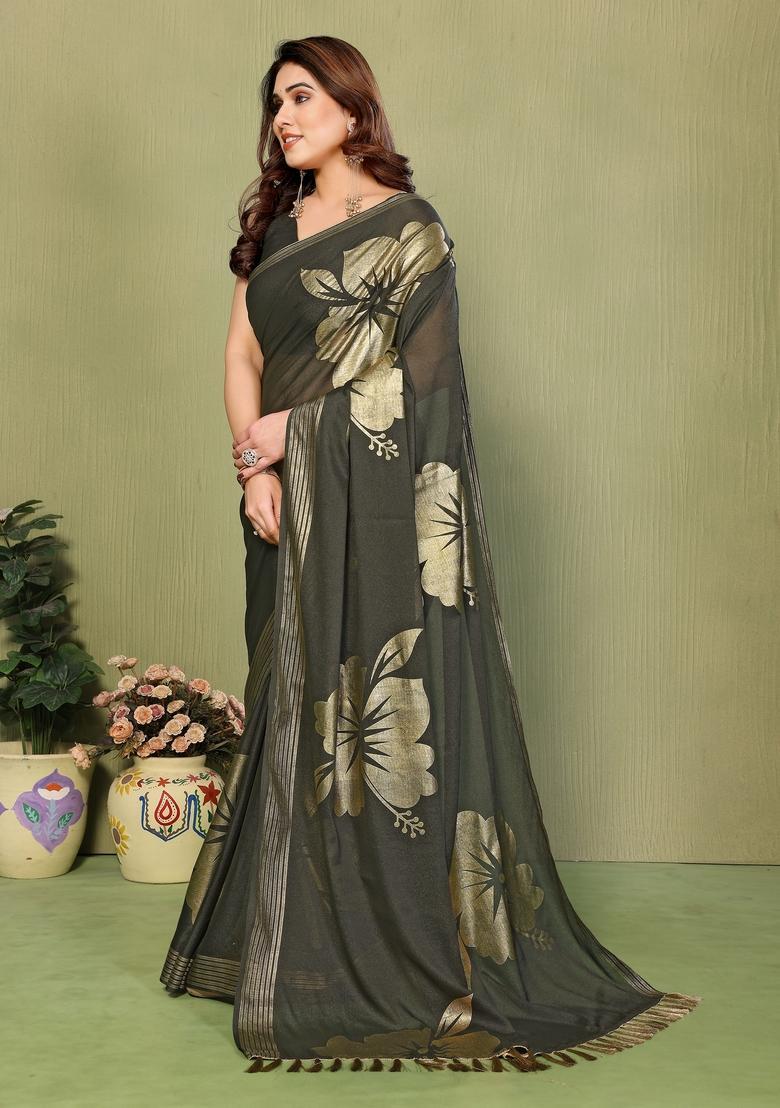 Mehendi Foil Work Silk Saree Set - Indya
