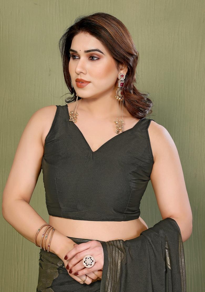 Mehendi Foil Work Silk Saree Set - Indya
