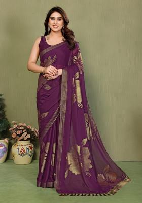 Wine Foil Work Silk Saree Set
