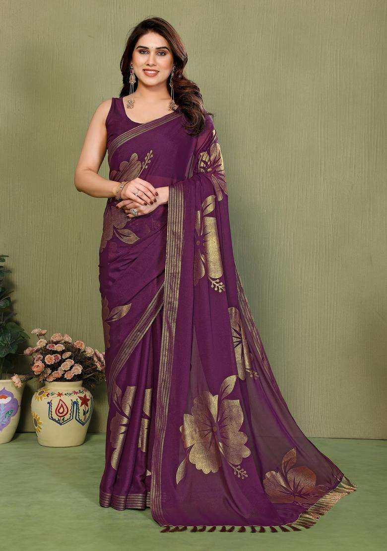 Wine Foil Work Silk Saree Set for Diwali | Wedding & Festive Wear - Indya