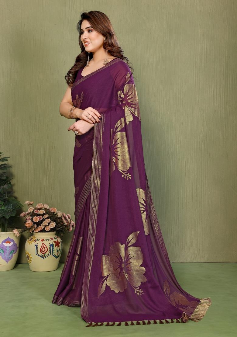 Wine Foil Work Silk Saree Set - Indya