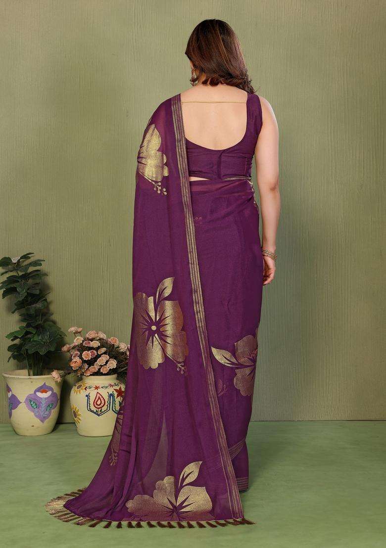 Wine Foil Work Silk Saree Set for Diwali | Wedding & Festive Wear - Indya