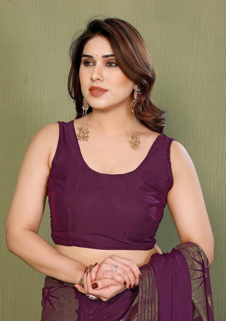 Wine Foil Work Silk Saree Set - Indya