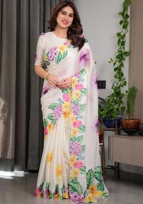 Cream Printed Silk Saree Set