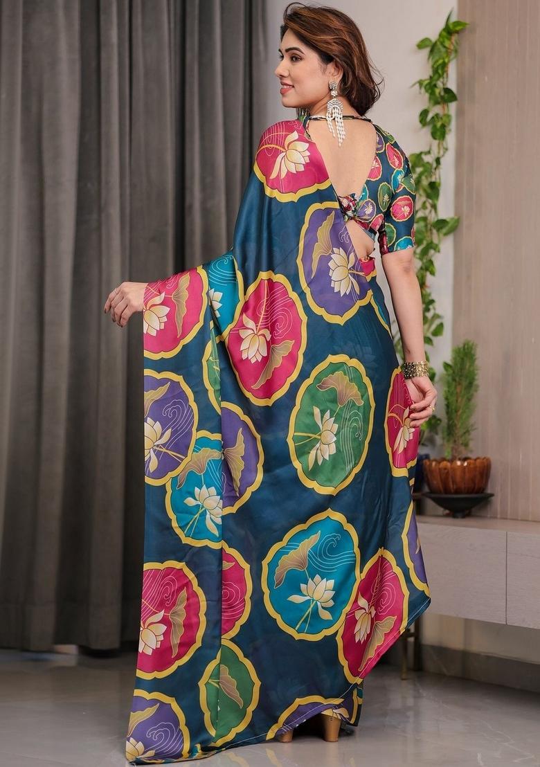 Dark Blue Printed Silk Saree Set - Indya