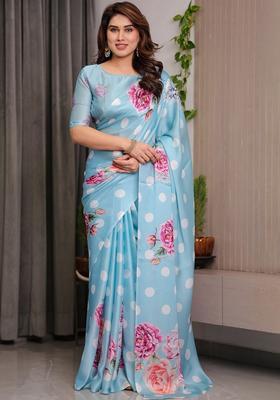 Sky Blue Printed Silk Saree Set