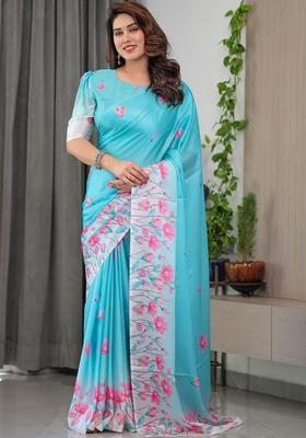 Sky Blue Printed Silk Saree Set