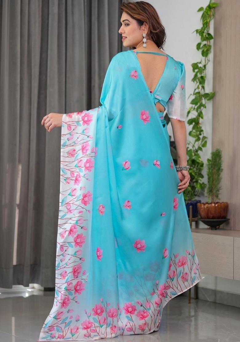 Sky Blue Printed Silk Saree Set - Indya