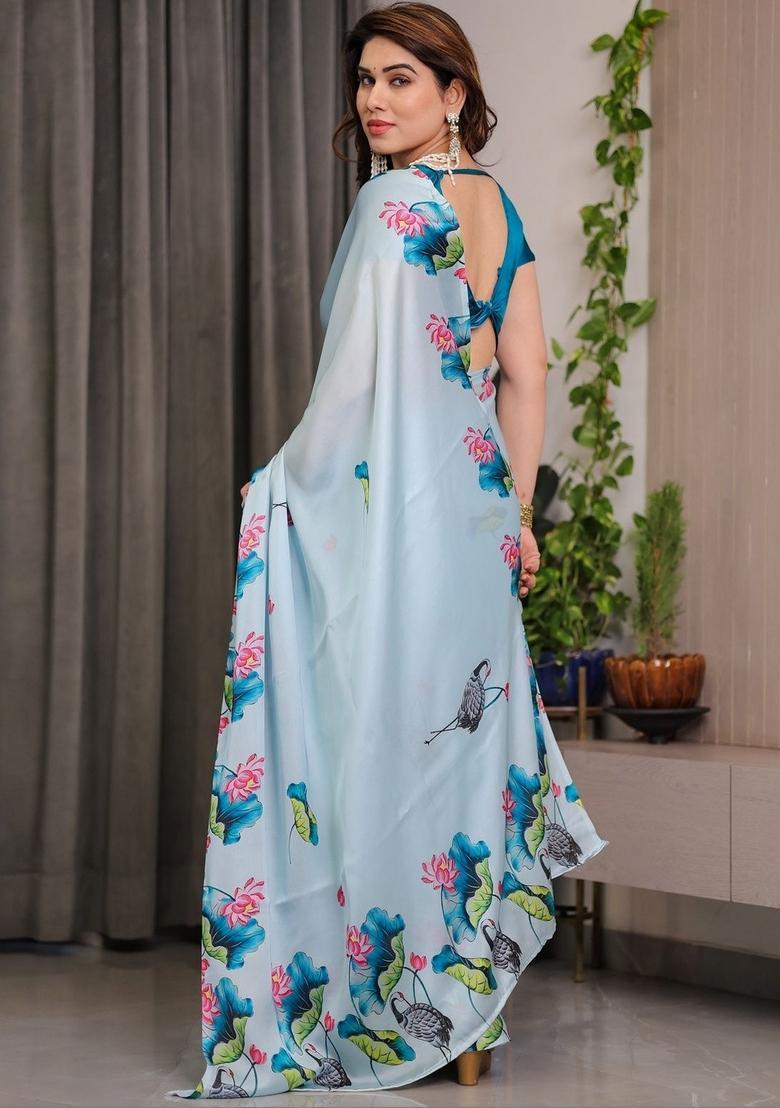 Sky Blue Printed Silk Saree Set - Indya